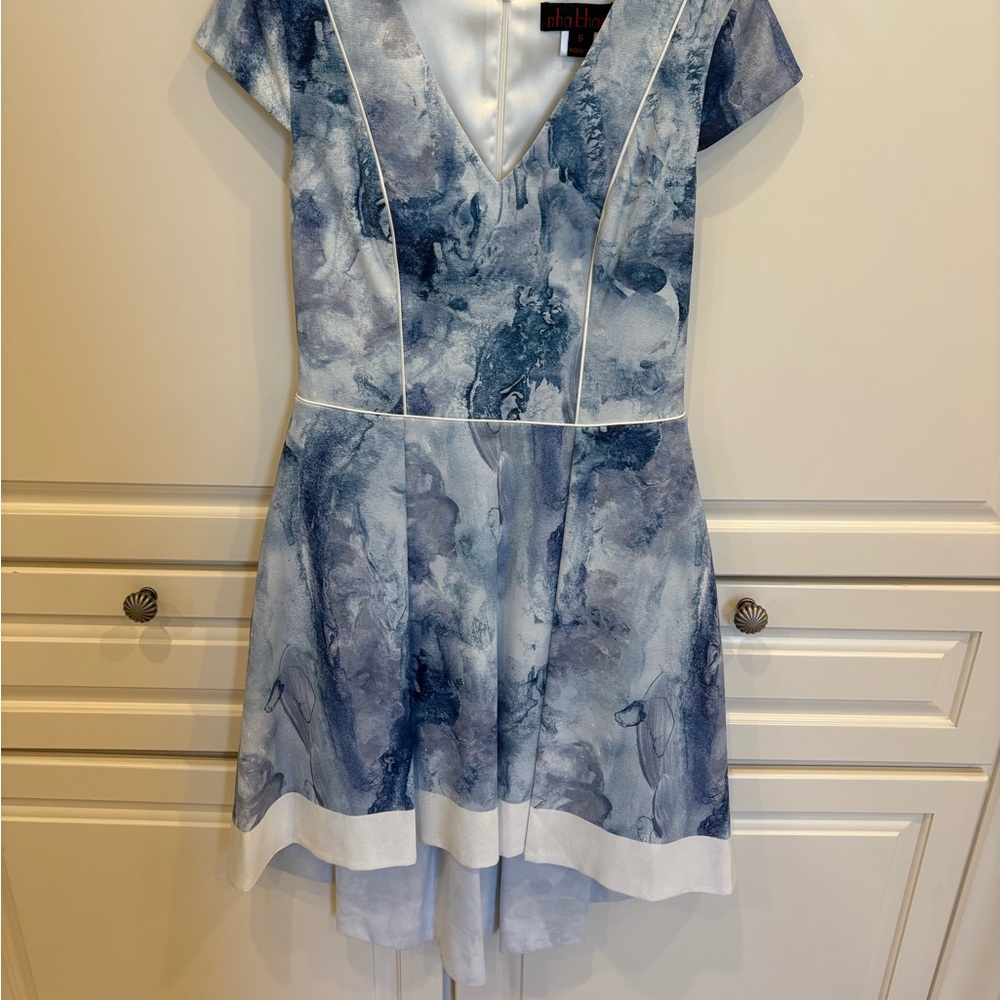 Nha Khan Blue and White V-Neck Dress